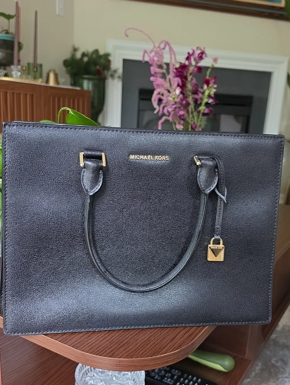 MICHAEL KORS Black Leather Satchel with Gold Hardware